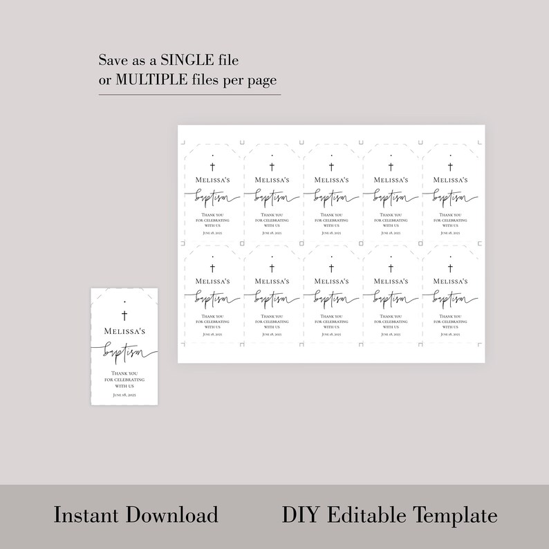 Plantilla de etiqueta de recuerdo de bautismo Descarga de etiqueta de recuerdo religiosa sencilla para imprimir Etiqueta de recuerdo de bautismo moderna Descarga instantánea Etiqueta de recuerdo editable Templett P79 imagen 5
