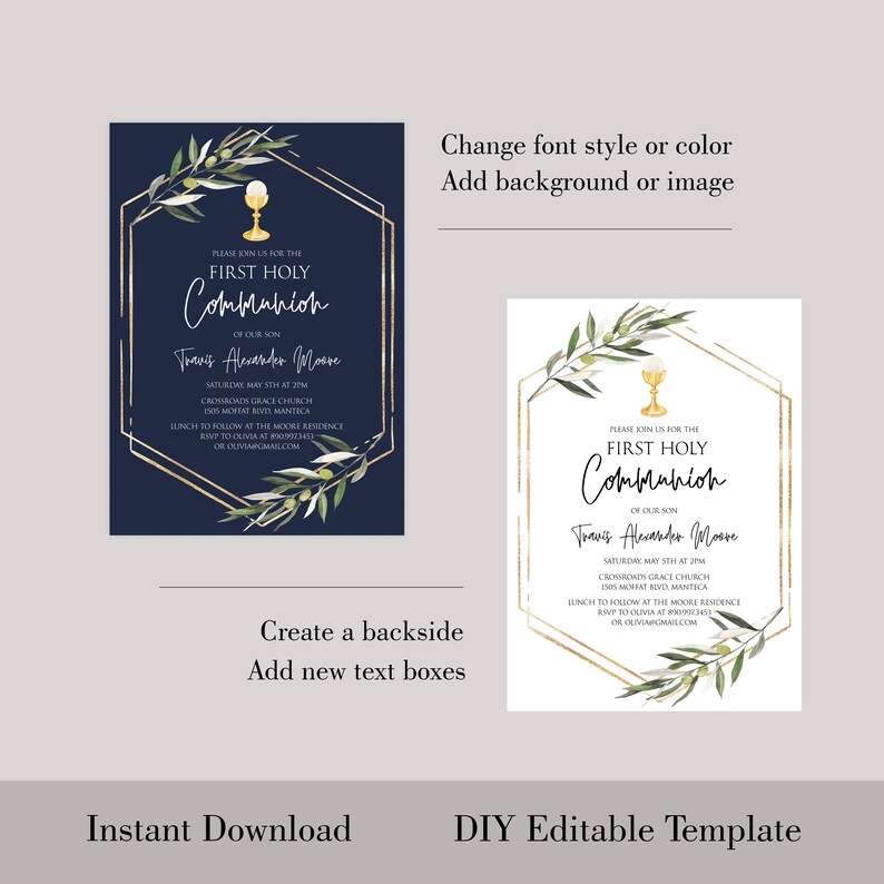 May include: Editable template for a first communion invitation. The invitation features a gold geometric frame with olive branches and a chalice. The text reads "Please join us for the First Holy Communion of our son Travis Alexander Moore".