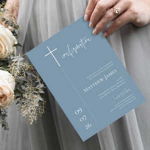 Dusty Blue Confirmation Invitation Template Confirmation Simple Boy Religious Invitation Printable Minimal Confirmation Invitation MB03