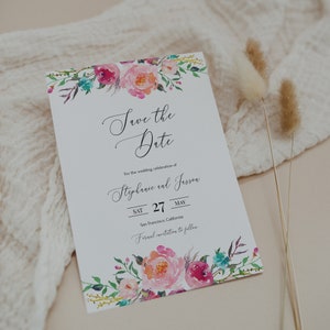 Teal Pink Save The Date Invitation Template, 100% Editable, Modern Save The Date, Boho, Printable, Bright, Pink Florals, DIY, Templett, P47
