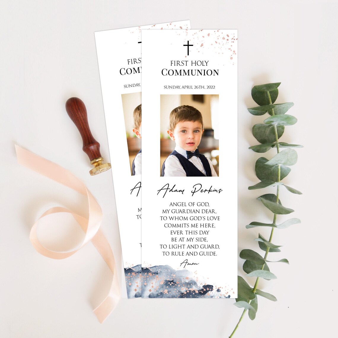 Navy First Communion Bookmark Favor Template 100% Editable | Etsy