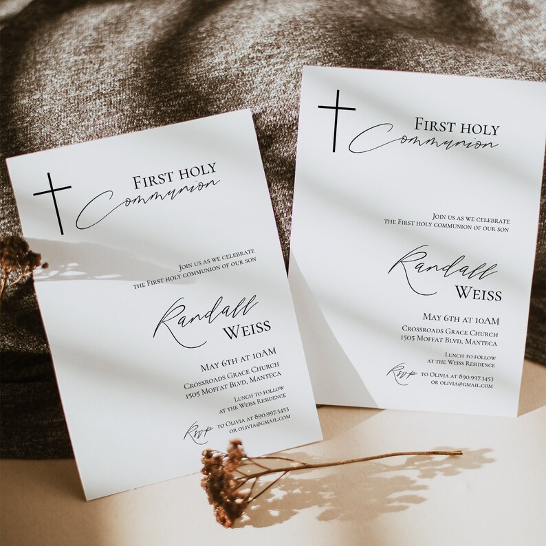 May include: White invitation card with black text announcing a First Holy Communion for Randall Weiss. The event will take place at Crossroads Grace Church on May 6th at 10:00 AM. Lunch will follow at the Weiss residence.