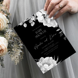 Black And White Peonies Baby Shower Invitation Template, Dark Baby Shower, 100% Editable, Printable, Floral Invite, Elegant, Templett, P76