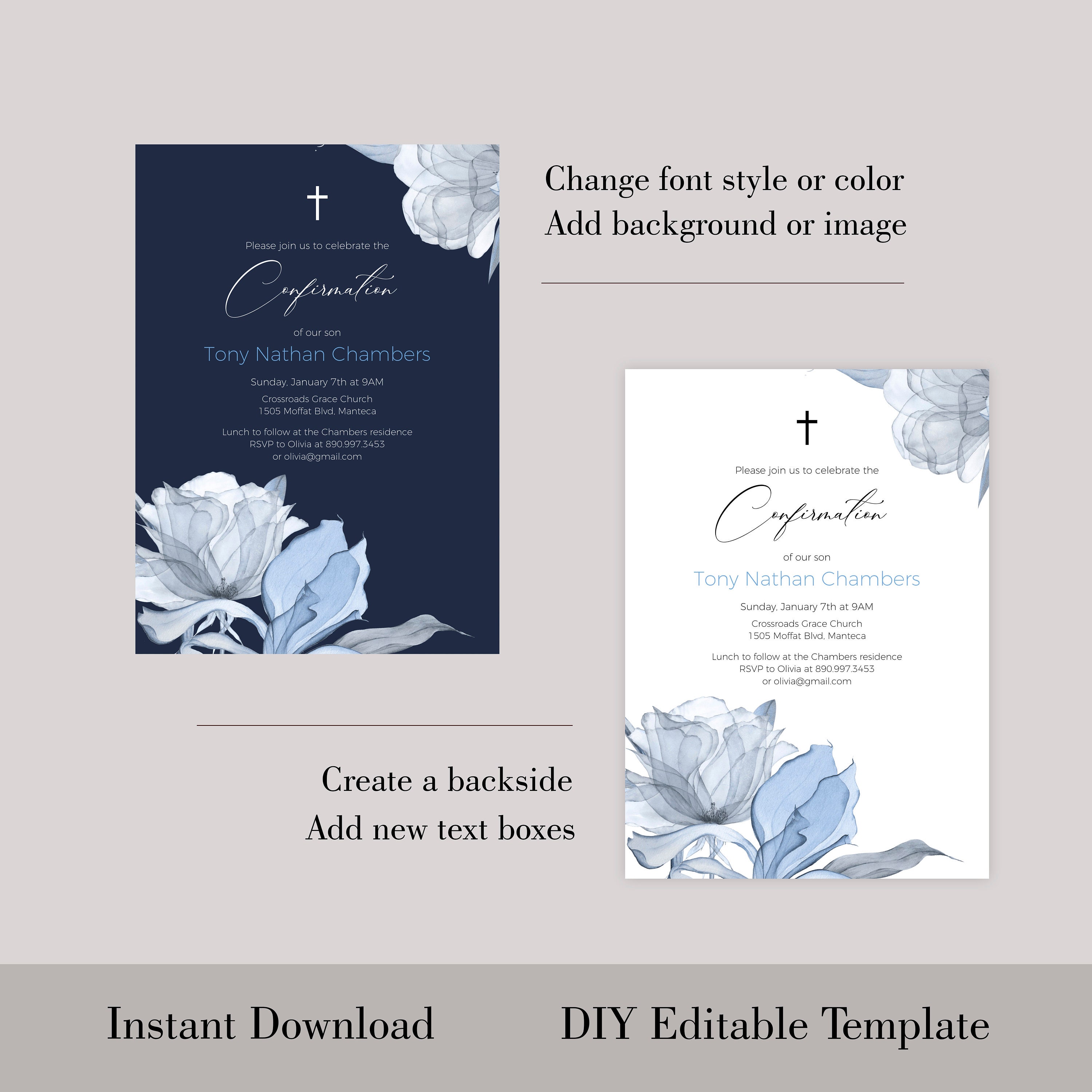 Dusty Blue Confirmation Invitation Template, 100% Editable, Ethereal ...