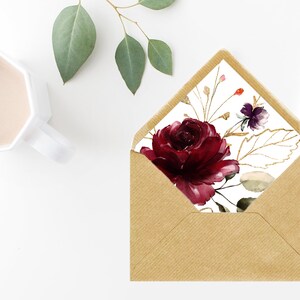 Burgundy Envelope Liners, Envelope Liners, A7 Euro Flap, A7 Envelope Liners, Printable Envelope Liners, Gold Envelope Liners, Gold, P24