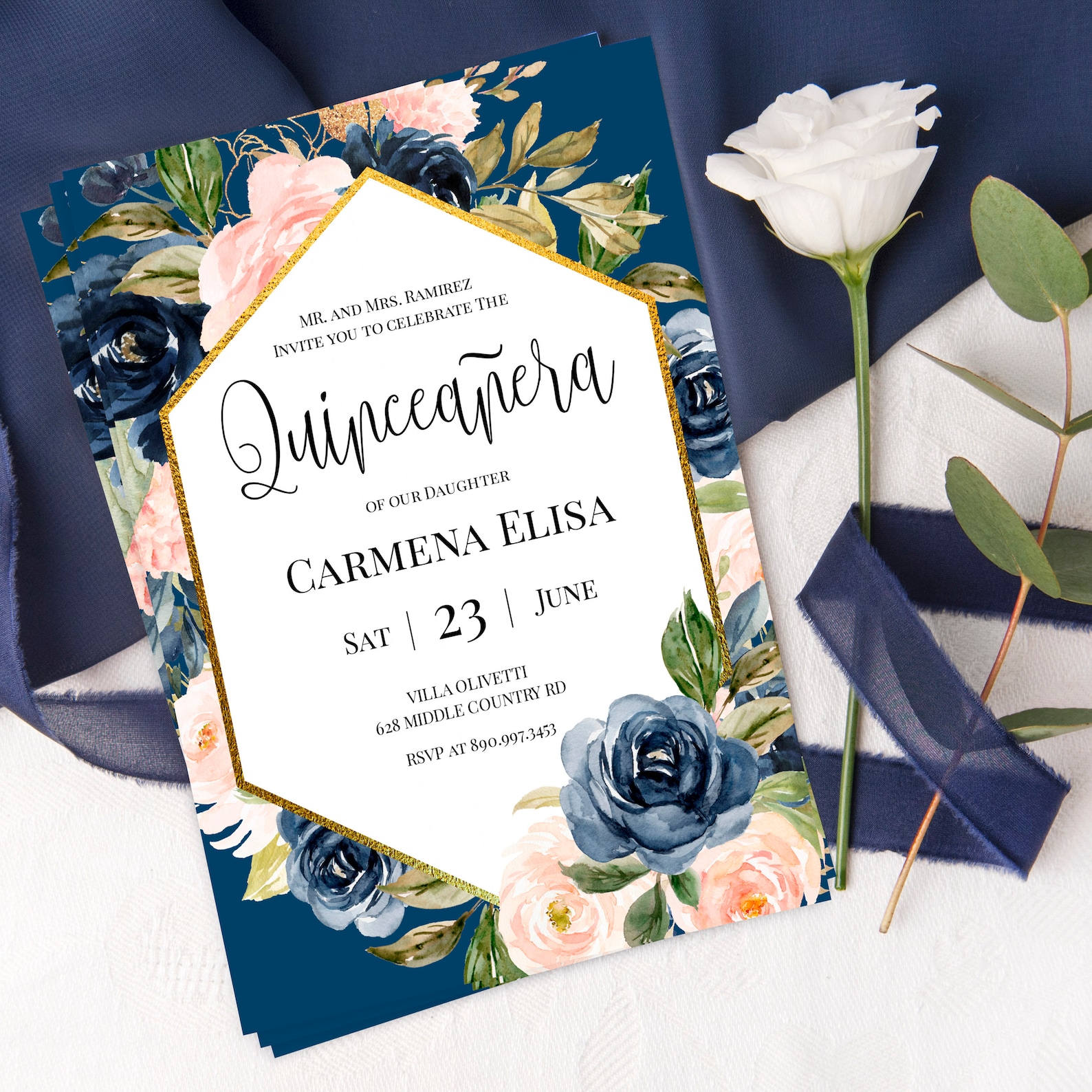 Navy Quinceanera Invitation Template Mis Quince Anos 15th Etsy
