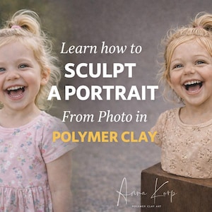 Puede incluir: La imagen presenta a una niña sonriente junto a un busto de arcilla polimérica de sí misma. El texto en la imagen dice "Learn how to SCULPT A PORTRAIT From Photo in POLYMER CLAY." El busto está sobre un bloque de madera. La niña lleva un vestido rosa floral.