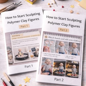 May include: Two spiral-bound books titled "How to Start Sculpting Polymer Clay Figures" with "Part 1" and "Part 2" on the covers. The books are surrounded by sculpting tools, clay, and a cup of coffee.