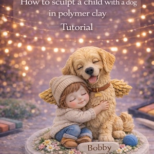 Könnte beinhalten: Bild für ein Polymer Clay Tutorial. Es zeigt ein Kind, das einen Hund umarmt, beide mit geschlossenen Augen und lächelnd. Der Hund hat ein braunes Halsband. Das Kind trägt eine Strickmütze, einen Pullover und Jeans. Der Text lautet "DIY Tutorial" und "How to sculpt a child with a dog in polymer clay Tutorial."