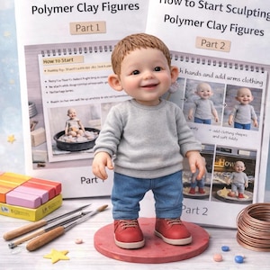 Könnte beinhalten: Ein lächelnder Polymer-Ton-Figur eines Kindes, das einen grauen Pullover, blaue Jeans und rote Schuhe trägt, steht auf einer roten Basis. Zwei Lehrbücher mit dem Titel "How to Start Sculpting Polymer Clay Figures" sind im Hintergrund zu sehen. Der Text "Start sculpting your own adorable figures!" steht unten.