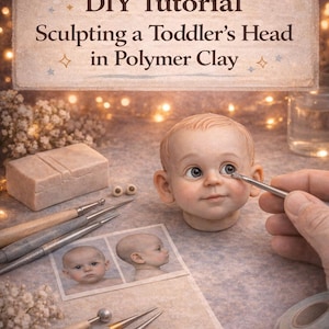 May include: A tutorial on sculpting a toddler's head in polymer clay. The image shows a sculpted baby head, sculpting tools, and a block of clay. The text on the image reads "PDF GUIDE" and "DIY Tutorial Sculpting a Toddler's Head in Polymer Clay."