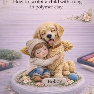 Könnte beinhalten: Polymer-Ton-Skulptur eines Kindes, das einen Golden Retriever-Hund umarmt. Der Hund hat Engelsflügel und ein Halsband. Das Kind trägt eine Strickmütze und Jeans. Die Skulptur steht auf einer runden Basis mit dem Namen "Bobby".