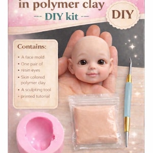 Puede incluir: Kit de arcilla polimérica DIY para crear una cara de muñeca. El kit incluye un molde para la cara, ojos de resina, arcilla polimérica color piel, una herramienta para esculpir y un tutorial impreso. El empaque muestra el texto "Easy face in polymer clay - DIY kit".