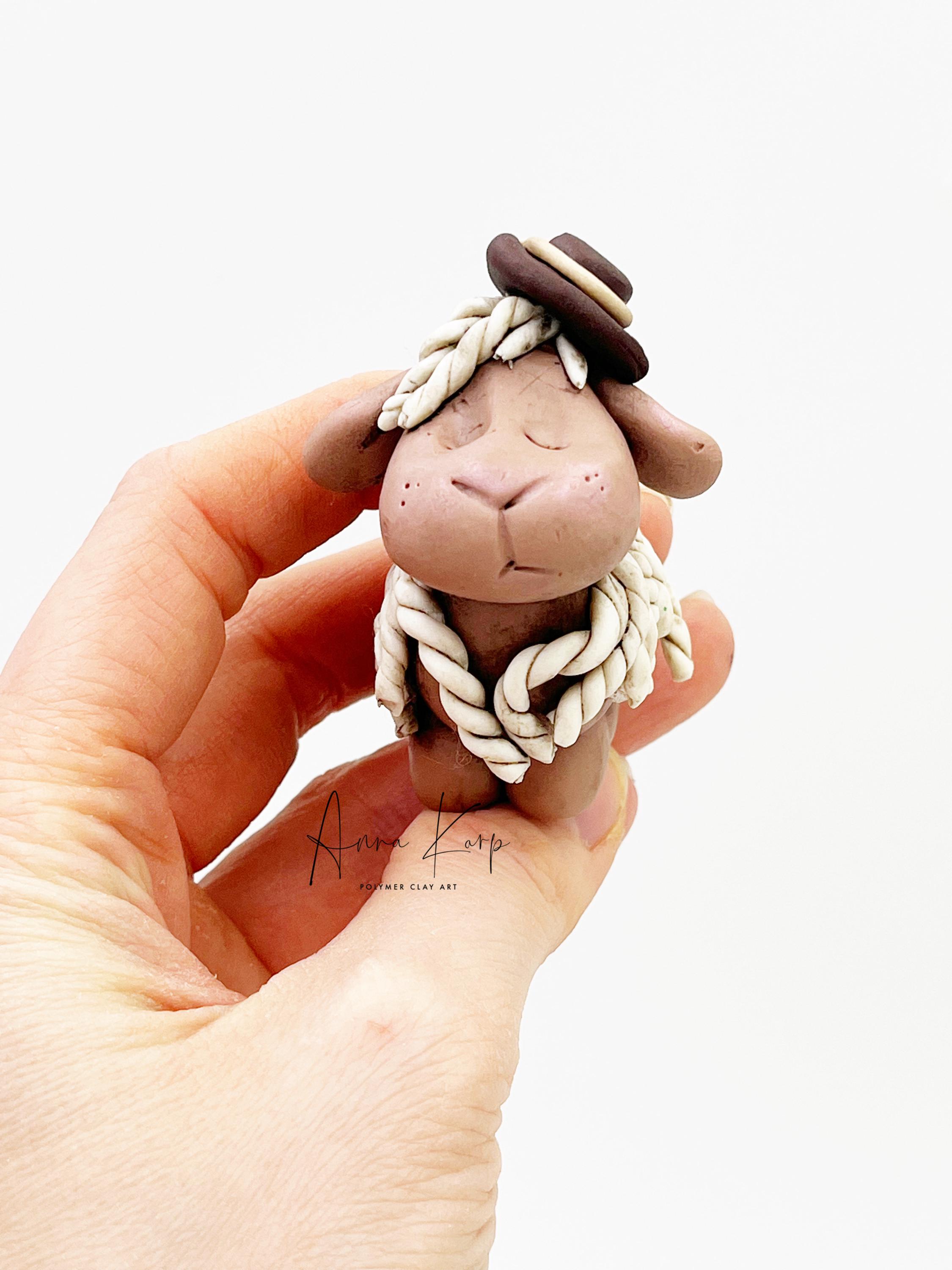 Mr. Dreamy - Whimsical Sheep Sculpture in Polymer Clay - Unique