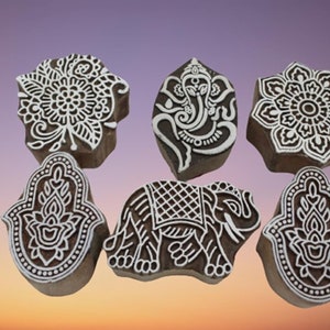 Set di 6 timbri in legno per la stampa di blocchi di stampa su tessuto per la stampa su tessuto di heena print design