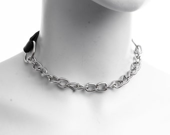 Silver metal chain choker necklace "OneChain" / gothic punk rock style neckband