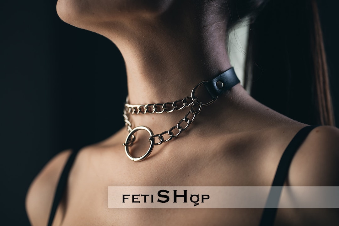 Leather Metal Chain Choker Collar With Two Chain and O'ring Pendant for