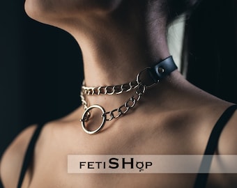 Leather metal chain choker collar with two chain and o'ring pendant for women