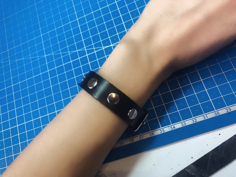 biker bracelet women/' bracelet black leather bracelet with rivets gift for her Leather thin cuff bracelet with rivets men/'s bracelet