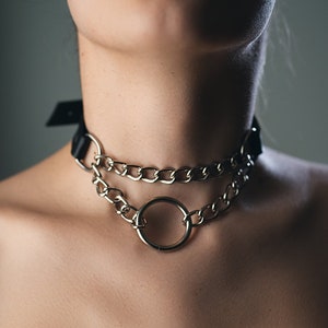 Leather metal chain choker collar with two chain and o'ring pendant for women zdjęcie 4