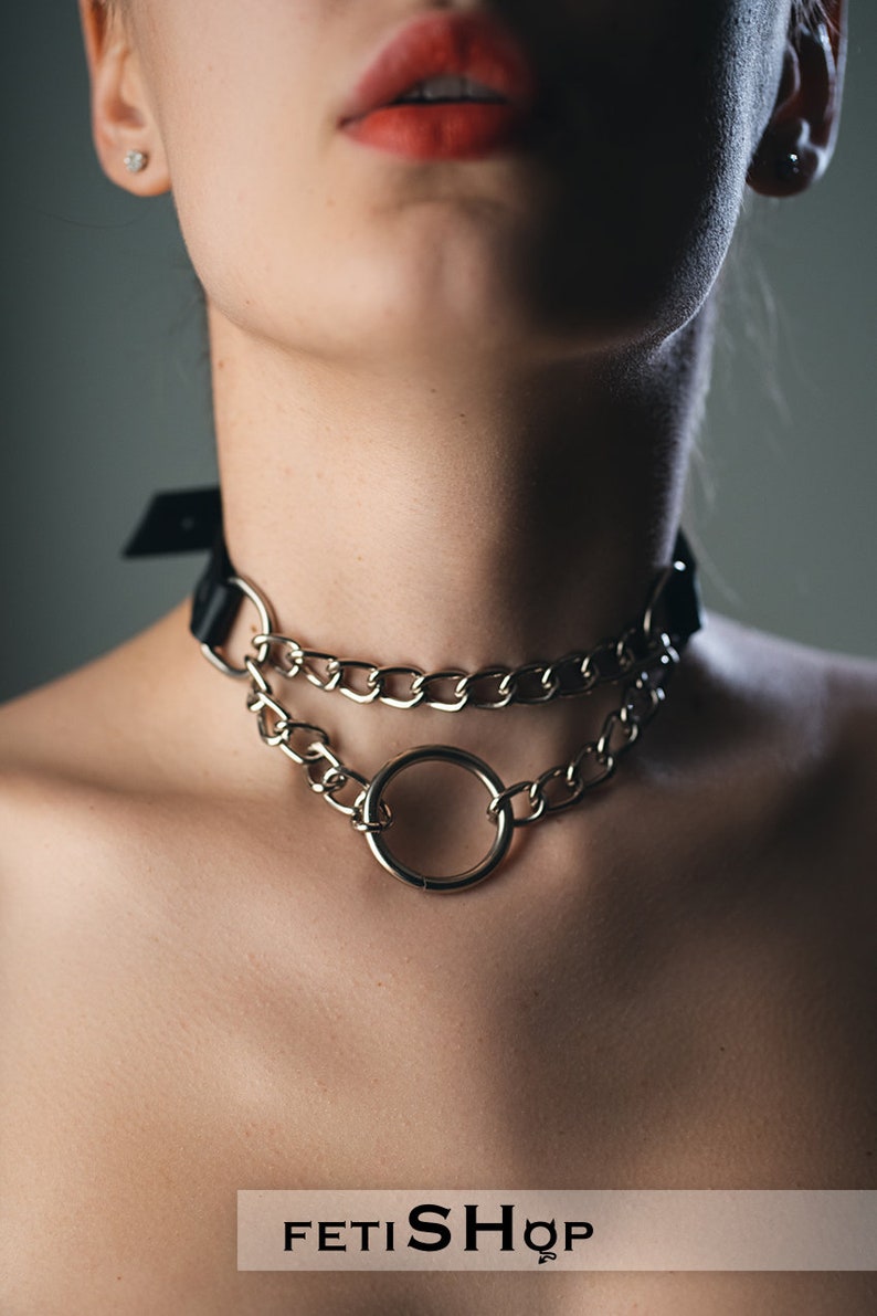 Leather metal chain choker collar with two chain and o'ring pendant for women zdjęcie 4