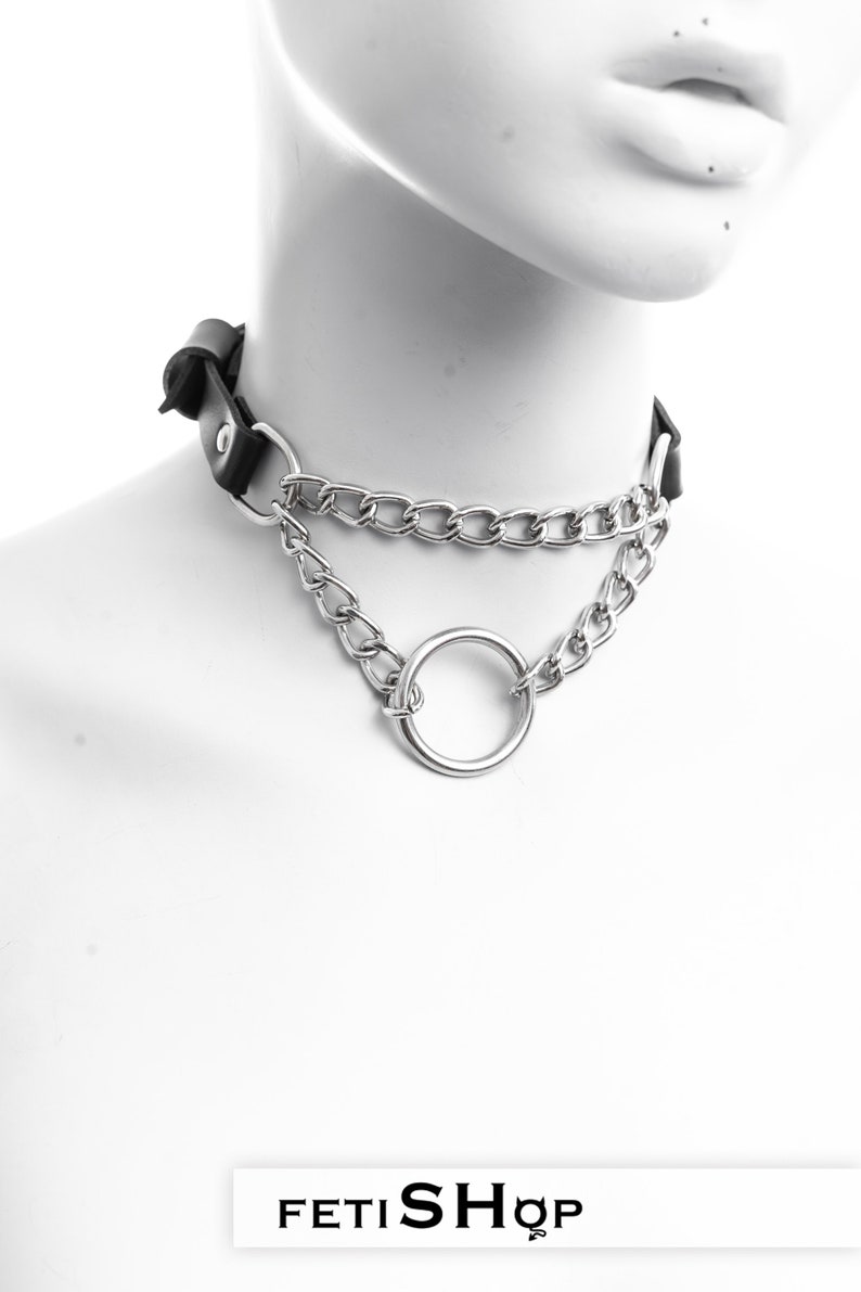 Leather metal chain choker collar with two chain and o'ring pendant for women zdjęcie 6