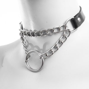 Leather metal chain choker collar with two chain and o'ring pendant for women zdjęcie 9