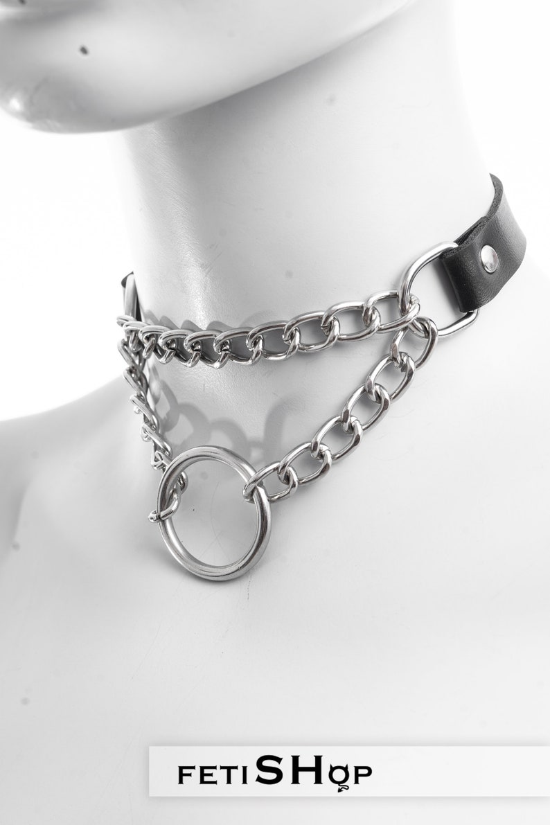 Leather metal chain choker collar with two chain and o'ring pendant for women zdjęcie 9