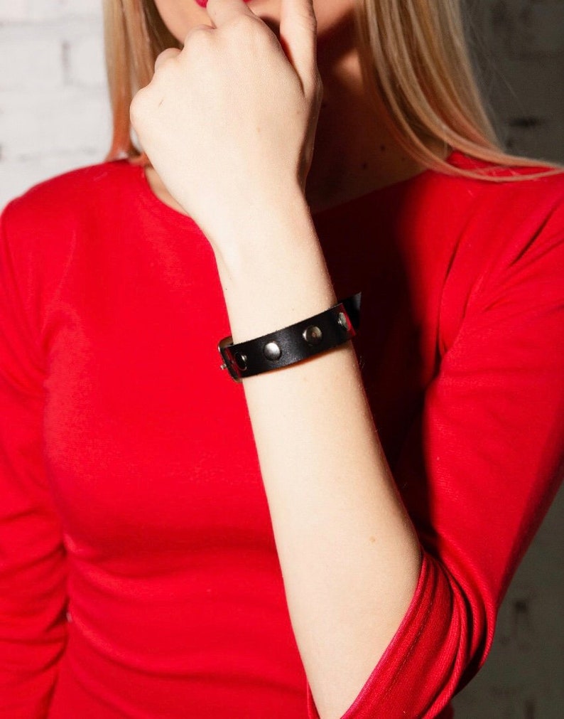 biker bracelet women/' bracelet black leather bracelet with rivets gift for her Leather thin cuff bracelet with rivets men/'s bracelet