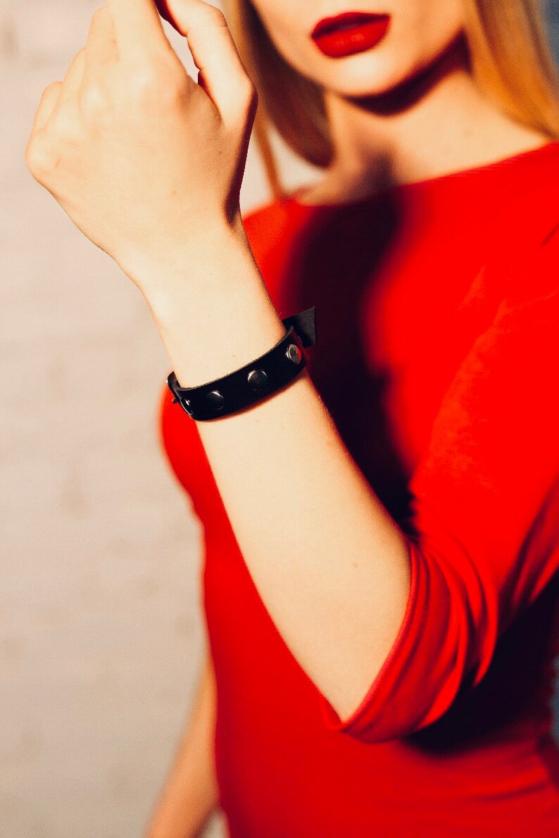 biker bracelet women/' bracelet black leather bracelet with rivets gift for her Leather thin cuff bracelet with rivets men/'s bracelet