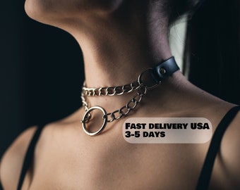 Edgy Elegance: Leather Metal Chain Choker Collar with Double Chain and O-Ring Pendant for Women