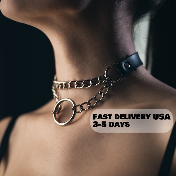 Edgy Elegance: Leather Metal Chain Choker Collar with Double Chain and O-Ring Pendant for Women