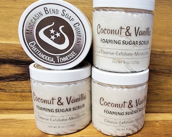 Coconut Vanilla Foaming Sugar Scrub: Exfoliating Body Soap (8 oz)