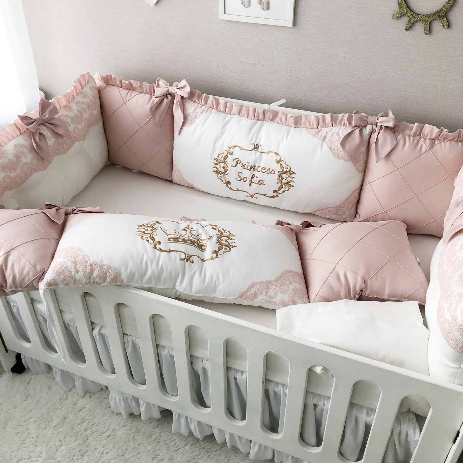 Baby bumper set for girl. Crib bumber pads with crib sheet. Etsy