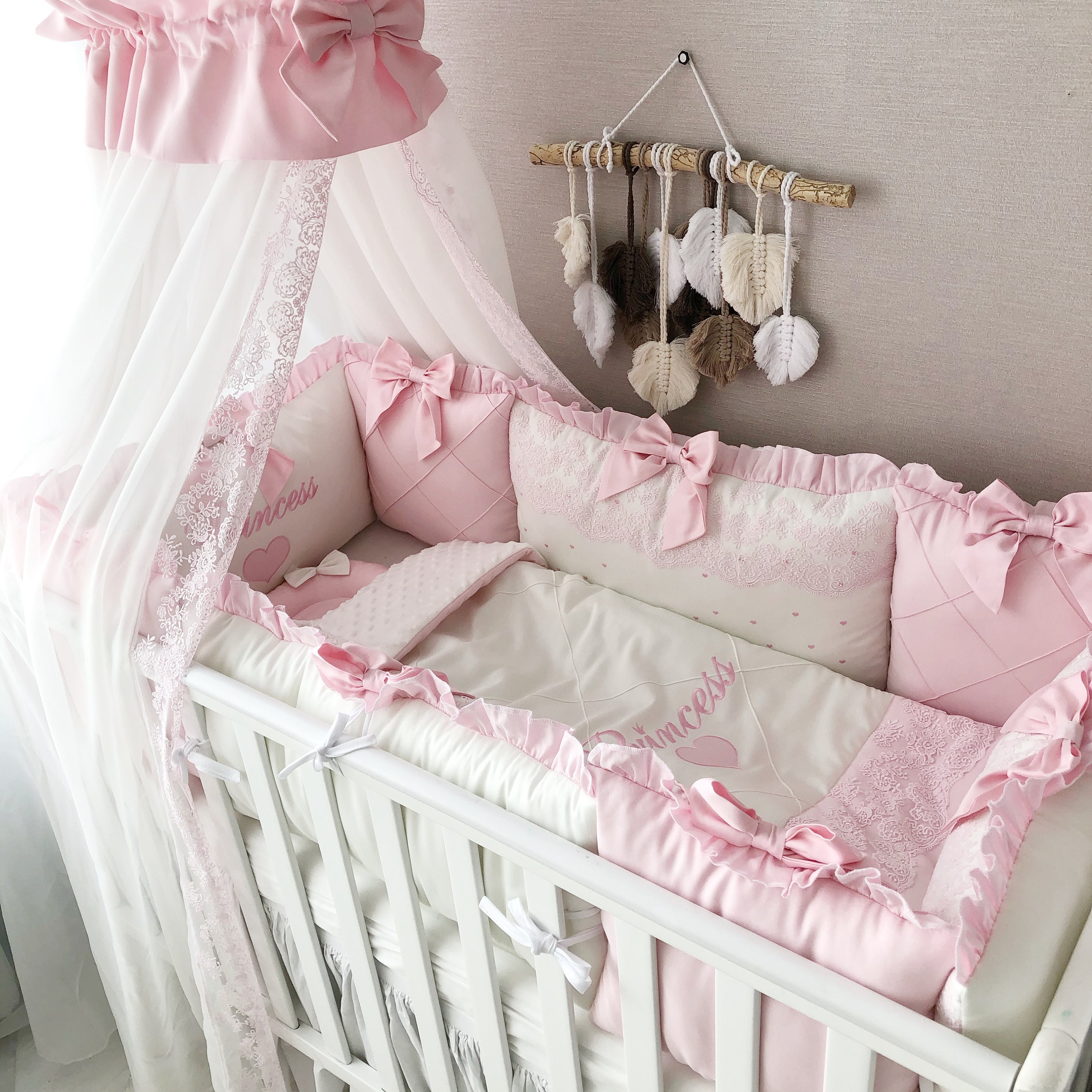 Baby bumper set for girl. Crib bumber pads with crib sheet. Etsy