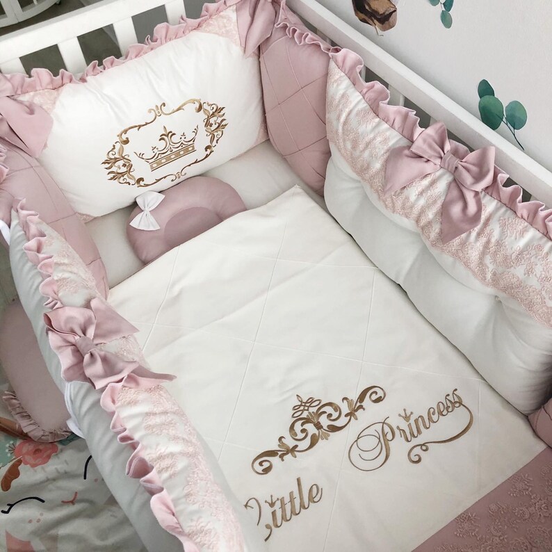 Baby bumper set for girl. Crib bumber pads with crib sheet. Etsy