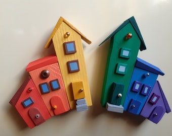 Imán de nevera de madera arcoíris, casitas arcoíris, juego de 2 piezas