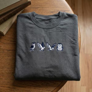 May include: A charcoal grey sweatshirt with a navy and white owl design. The design shows four owls in different poses, embroidered across the chest. The sweatshirt is folded on a wooden table, with books visible in the background.
