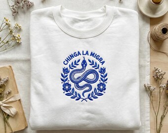 Blue Snake Embroidery Hoodie, Chinga La Migra Sweatshirt, Social Justice Clothing, Immigrant Rights Gift, Abolish ICE, End Deportations