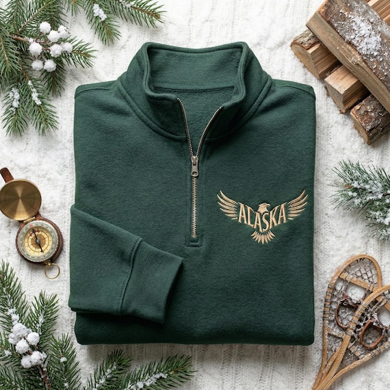 Alaska Eagle Embroidered Quarter Zip, Bald Eagle Pullover, Last Frontier Sweatshirt, Alaska Souvenir Gift, Wildlife Embroidery Top