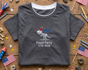 Embroidered Fossil Party 1776-2026 T-shirt, Dinosaur Skeleton Tee, 250th Birthday Shirt, History Dino Apparel, USA Celebration Gift
