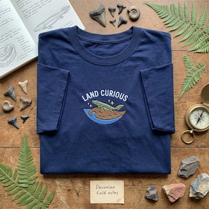 Land Curious Embroidered T-Shirt, Tiktaalik Evolution Shirt, Funny Paleontology Gift, Devonian Period Tee, Science Biology Clothes
