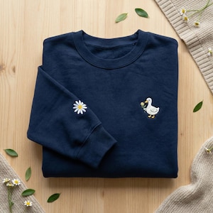 Embroidered Goose Sweatshirt, Cute Duck with Flower Hoodie, Cottagecore Bird Gift, Daisy Sleeve Detail Crewneck, Farm Animal Apparel