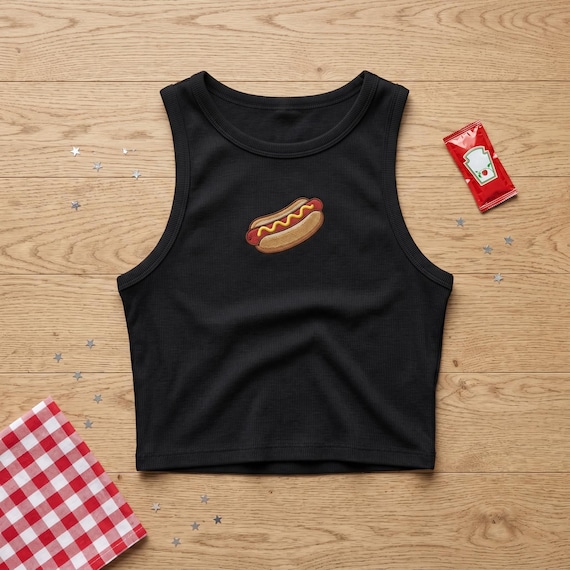 Hot Dog Embroidered Tank Top, Foodie Spaghetti Strap, Funny Summer Graphic Shirt, Cute BBQ Grill Tee, Picnic Apparel, Womens Casual Top