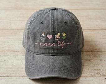Embroidered Mama Life Hat, Baby Icons Wash Dad Cap, New Mom Gift, Motherhood Baseball Cap, Cute Mama Life Embroidery