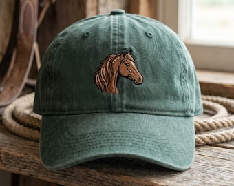 Horse Embroidery Hat, Equestrian Gift, Horse Lover Cap, Pony Embroidered Hat, Riding Apparel, Western Style Gift, Wash Dad Cap