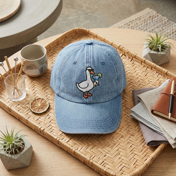 Silly Goose Drinking Martini Embroidered Wash Dad Cap, Funny Party Bird Hat, Sarcastic Animal Lover Gift, Vintage Distressed Baseball Cap
