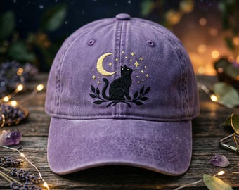 Embroidered Cat and Moon Wash Dad Cap, Celestial Black Cat Hat, Moon Phase Night Sky Gift, Minimalist Nature Lover Cap