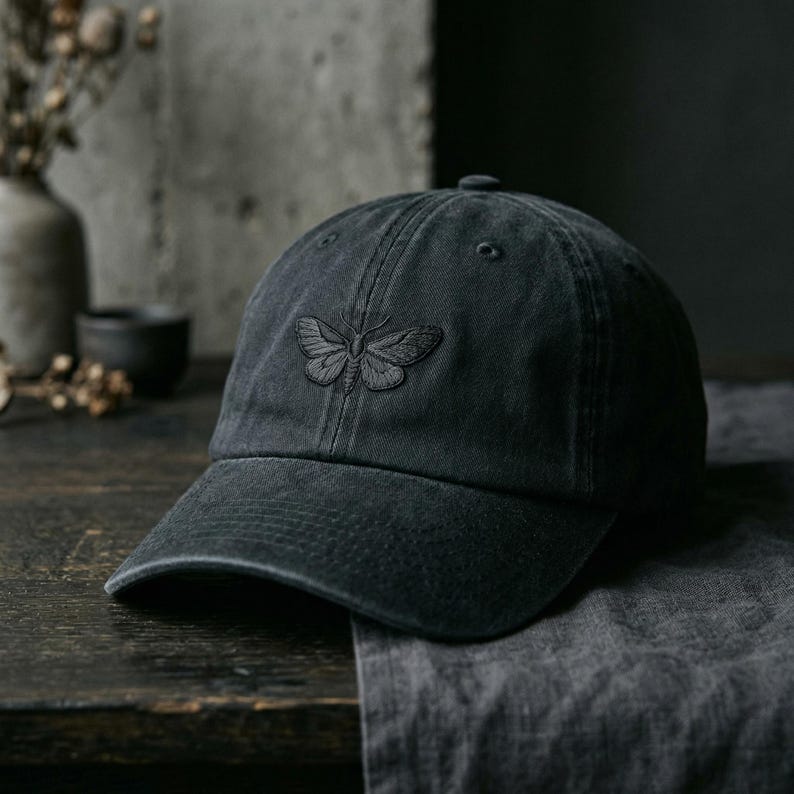 May include: A black baseball cap with a butterfly design. The cap is made of a soft, textured fabric and features a raised butterfly emblem on the front. The cap has a curved brim and an adjustable strap.