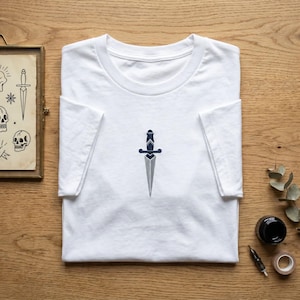 Embroidered T shirt, Minimalist Dagger Embroidery, Sword Tattoo Tee, Edgy Knife Shirt, Gothic Aesthetic Top, Sharp Weapon Art Gift